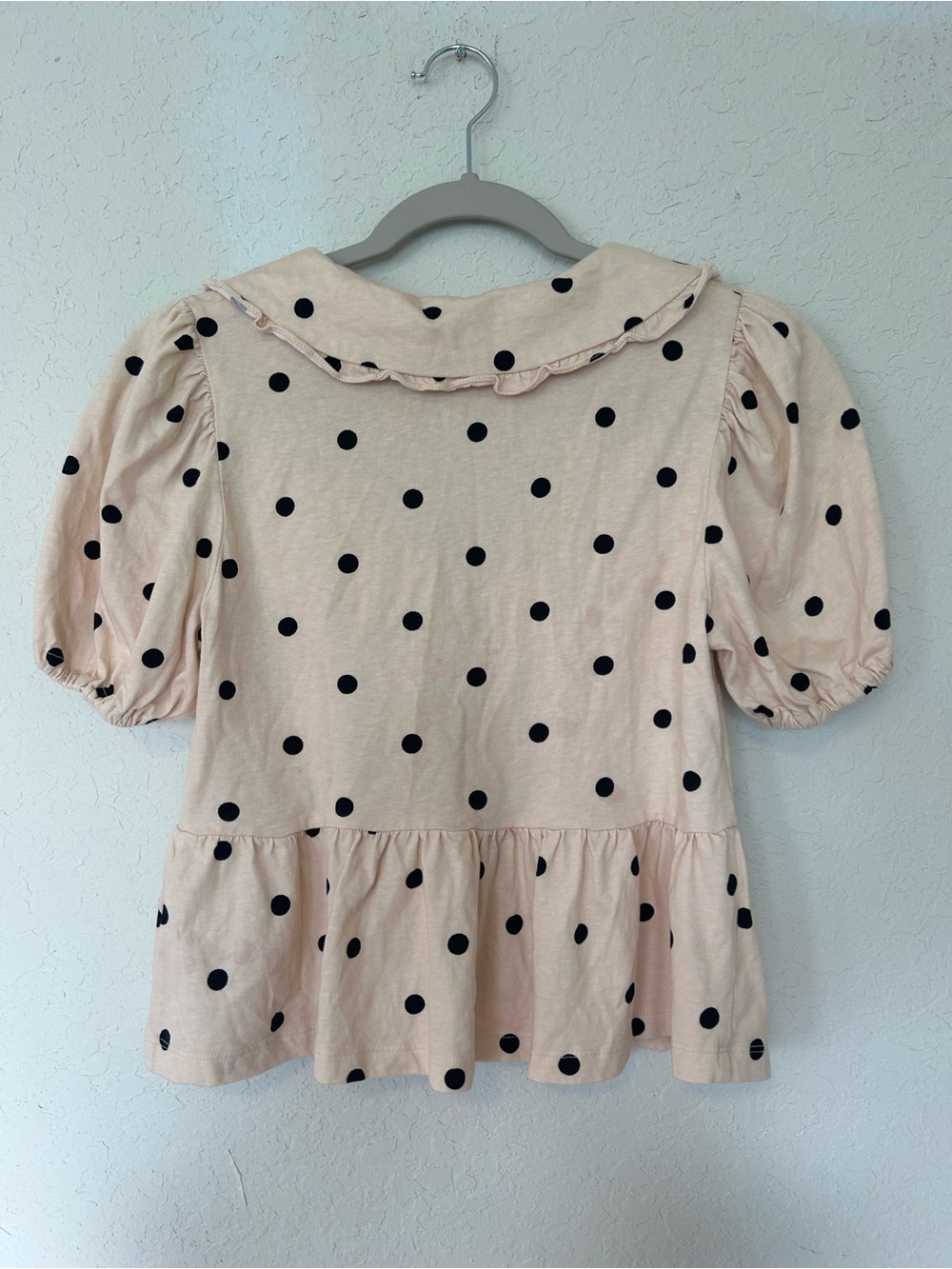 Coquette Short Sleeve Gwen Top, Beige Polka Dot Ruffle Tie-Front Peplum Blouse - Picture 6 of 8